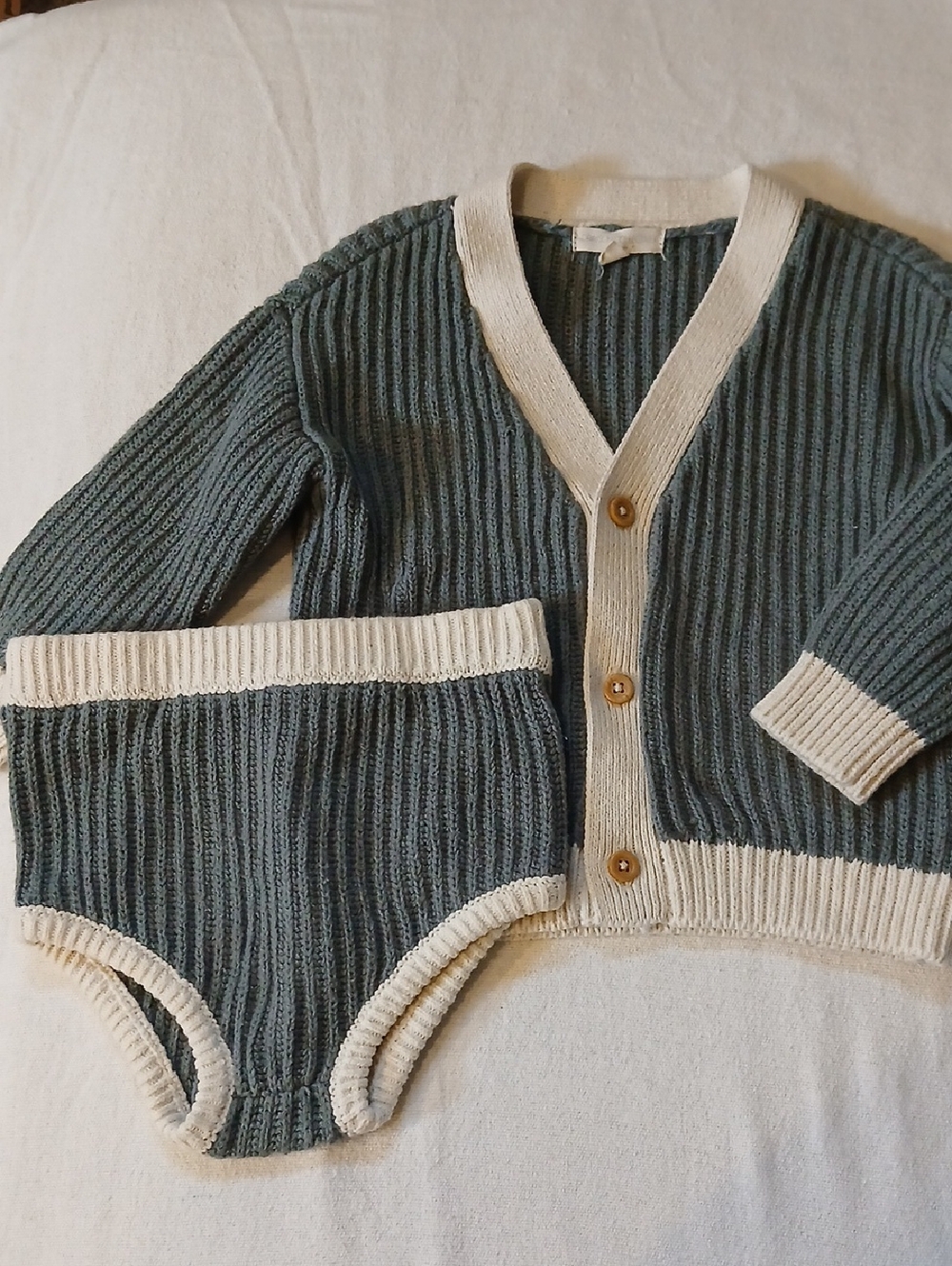 Grayson Collective Kids Knit Cardigan & Brief Set in Teal with Cream Trim
